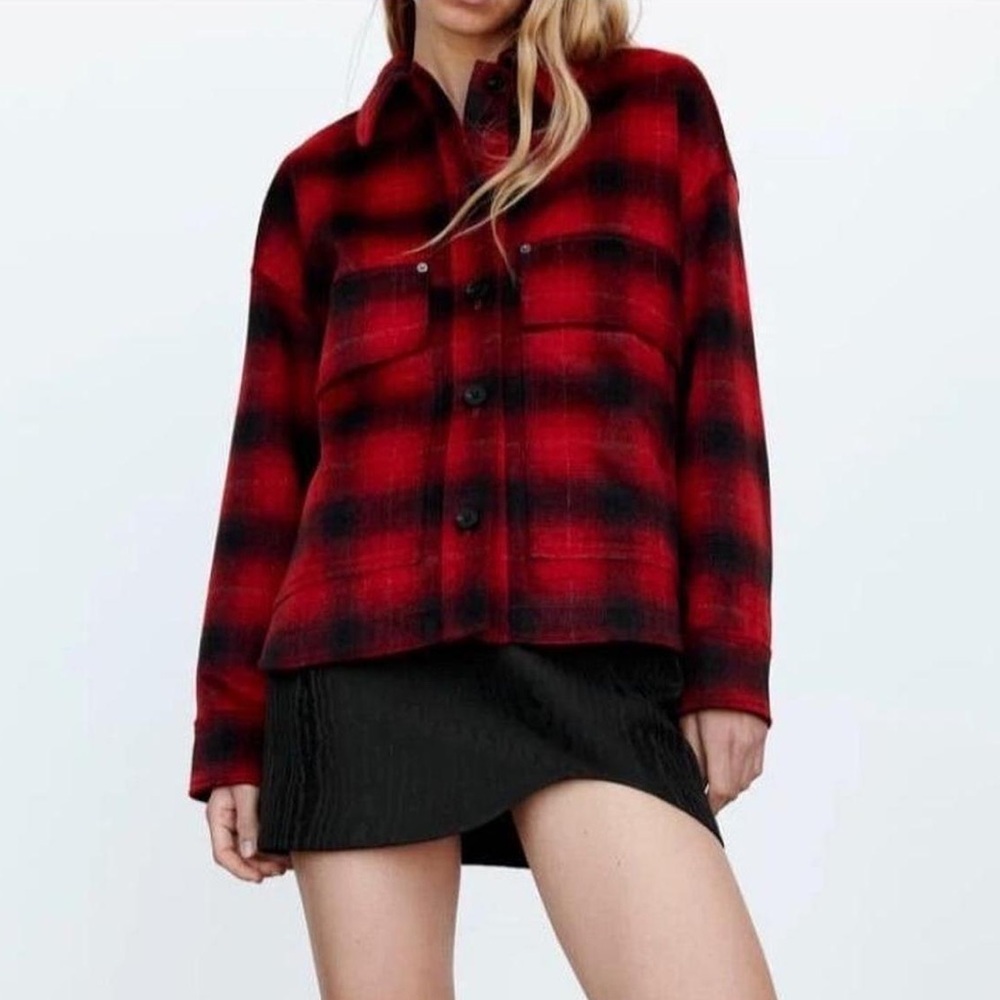 ZARA Red Black Plaid Wool Blend Oversized Shacket